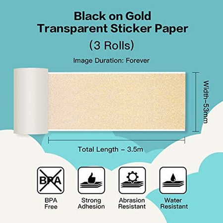 Adhesive Transparent Gold Thermal Paper for M02/M02 Pro/M02S/M03 Mini Pocket Printer 50Mm X 3.5M, Diameter 30Mm, 3 Rolls