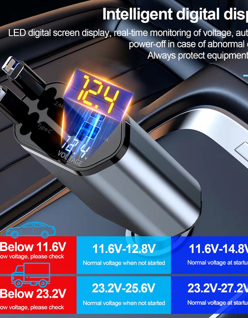 Load image into Gallery viewer, 4 in 1 Retractable Car Charger, 100W Quick Charge with 2 USB Port, Retractable Iphone Charger &amp; Tap-C Charger, Retractable Cable
