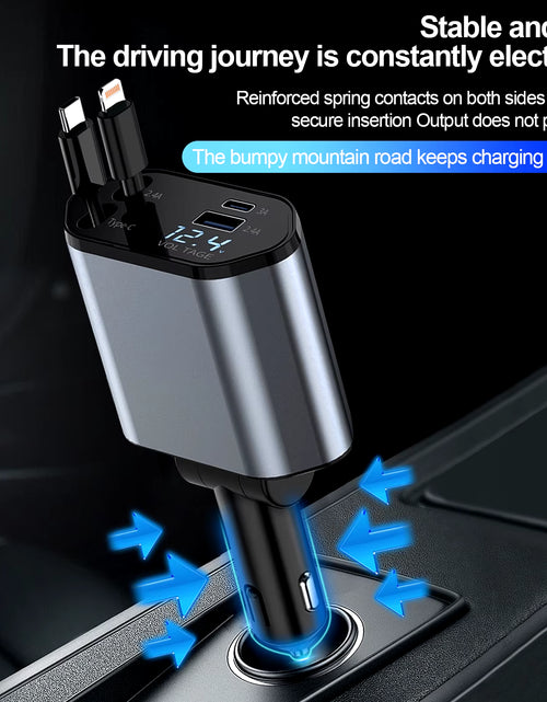 Load image into Gallery viewer, 4 in 1 Retractable Car Charger, 100W Quick Charge with 2 USB Port, Retractable Iphone Charger &amp; Tap-C Charger, Retractable Cable
