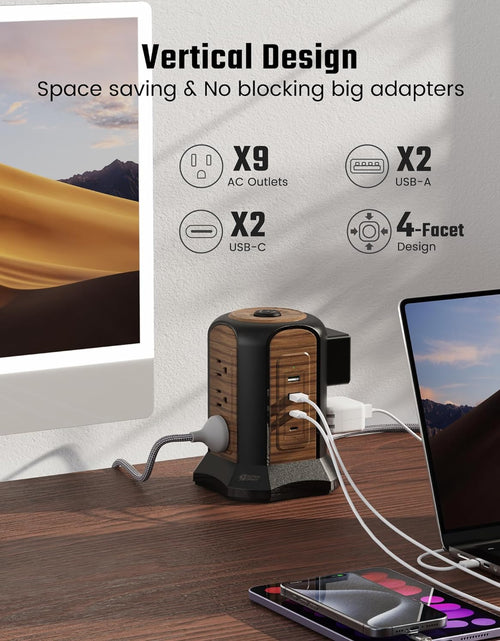 Load image into Gallery viewer, Power Strip Tower Surge Protector, 10 Ft Extension Cord with Multiple Outlets, 9 Outlets, 4 USB Ports (2 USB C), 1080 Joules, 3-Prong, Grounded, Charging Station for Home, Office, Brown
