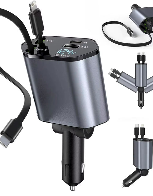 Load image into Gallery viewer, 4 in 1 Retractable Car Charger, 100W Quick Charge with 2 USB Port, Retractable Iphone Charger &amp; Tap-C Charger, Retractable Cable
