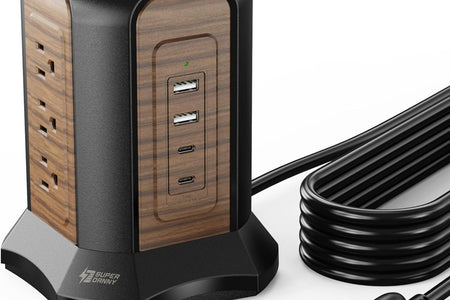 Power Strip Tower Surge Protector, 10 Ft Extension Cord with Multiple Outlets, 9 Outlets, 4 USB Ports (2 USB C), 1080 Joules, 3-Prong, Grounded, Charging Station for Home, Office, Brown