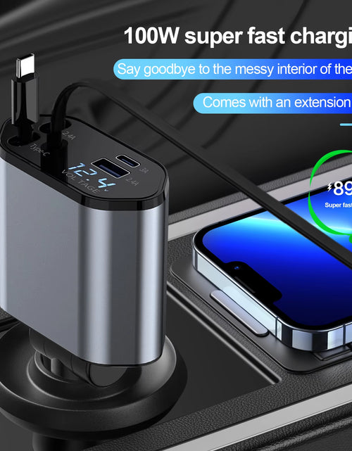Load image into Gallery viewer, 4 in 1 Retractable Car Charger, 100W Quick Charge with 2 USB Port, Retractable Iphone Charger &amp; Tap-C Charger, Retractable Cable
