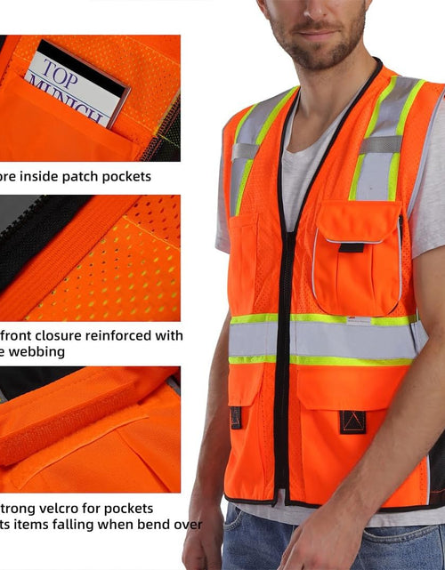 Load image into Gallery viewer, Vest Reflective Orange Mesh, High Visibility Vest with Pockets and Zipper, Heavy Duty Vest Made with 3M Reflective Tape 2XL
