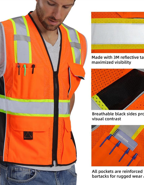 Load image into Gallery viewer, Vest Reflective Orange Mesh, High Visibility Vest with Pockets and Zipper, Heavy Duty Vest Made with 3M Reflective Tape 2XL
